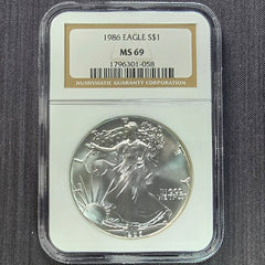 1986 Silver Eagle MS69 – First Year, NGC Graded MS69!