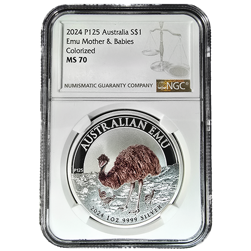 2024 Australia Emu Mother & Babies Colorized MS70 Silver Coin