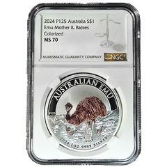 2024 Australia Emu Mother & Babies Colorized MS70 Silver Coin