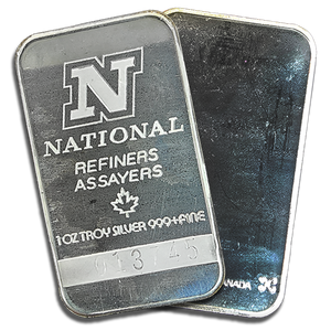 Vintage National Refiners Assayers Canada 1 oz Silver Bar | 01xxxx Serial