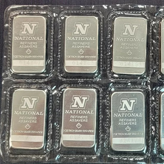 10x 1oz Silver National Refiners Silver Bar Sheets - Low Serial 10x 1oz Silver National Refiners Silver Bar Sheets - Low Serial