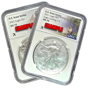 2021-2022 American Silver Eagle 1 oz Silver NGC MS70 State Label (Random State)